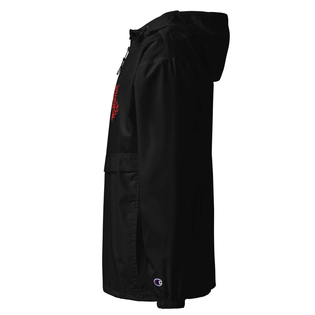 Delta Sigma Theta packable jacket in black, featuring embroidered Torch of Wisdom, perfect for sorority paraphernalia and Greek gear.