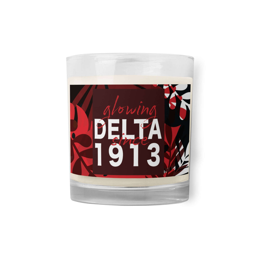 Delta Glowing Candle in a stylish glass jar, perfect for sorority and fraternity decor since 1913.