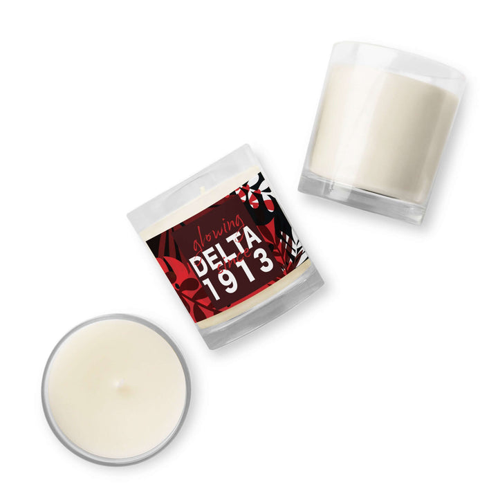 Delta Glowing Candle in stylish glass jar, perfect for sorority and fraternity decor, showcasing Greek gear charm.
