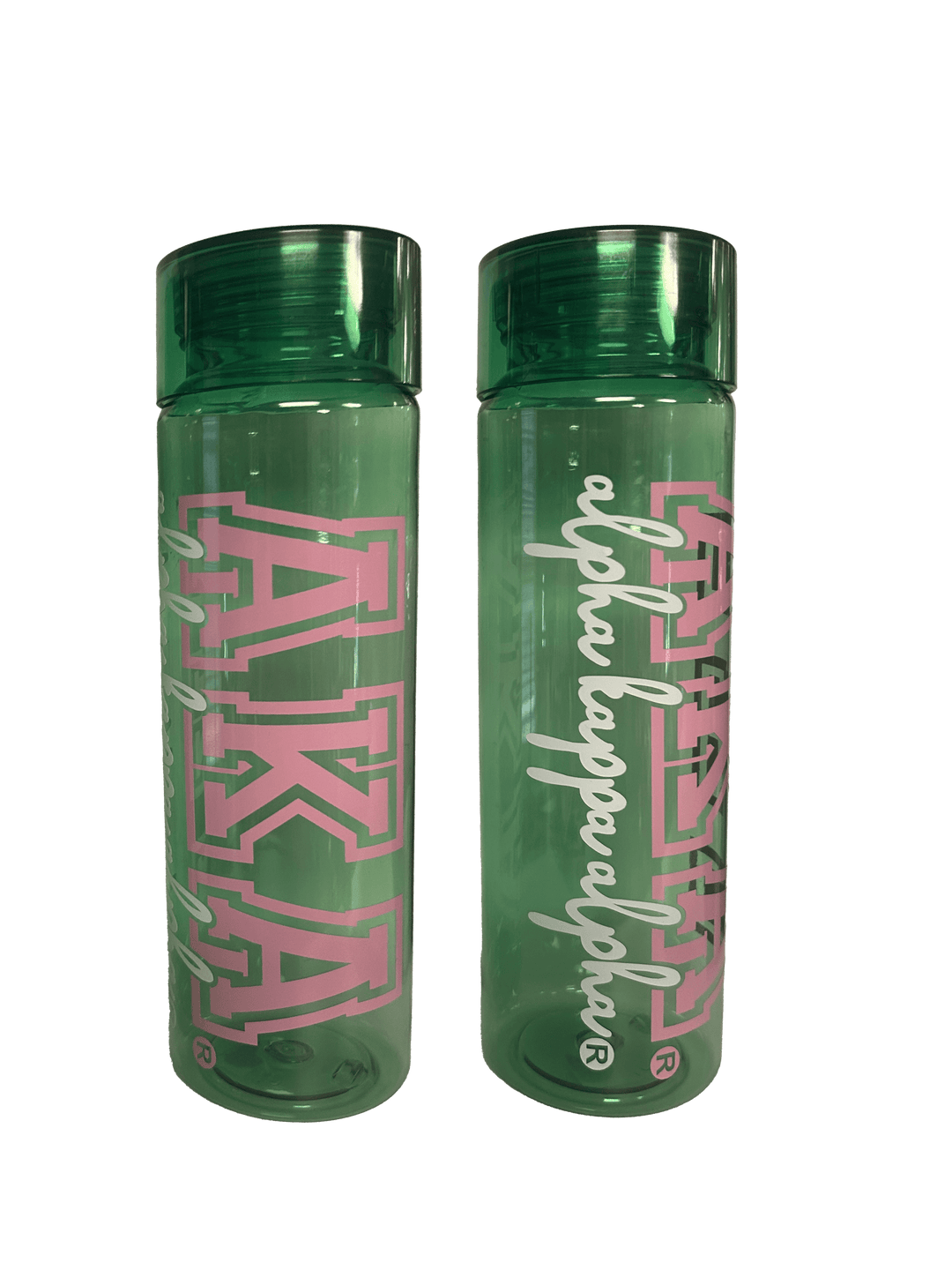 Green plastic AKA water bottle featuring sorority symbols, perfect for Greek gear and versatile storage.