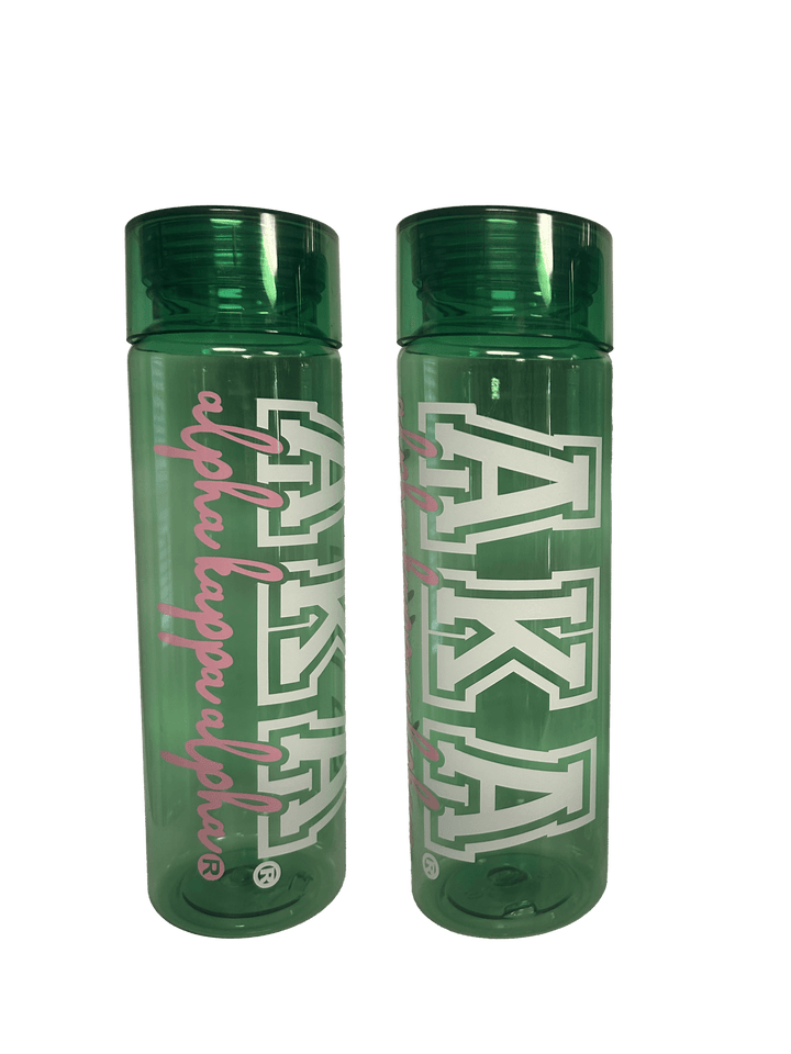 Green plastic AKA water bottle featuring sorority symbols, perfect for beverages or storing items. 16 oz Greek gear.
