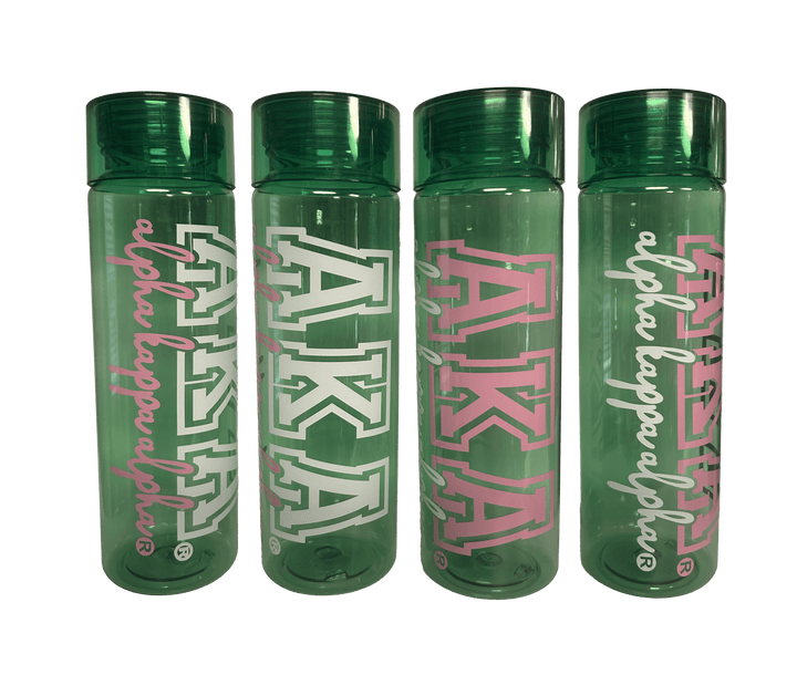 Green plastic AKA water bottles featuring sorority symbols, perfect for drinks or storage of items like pens and candy.