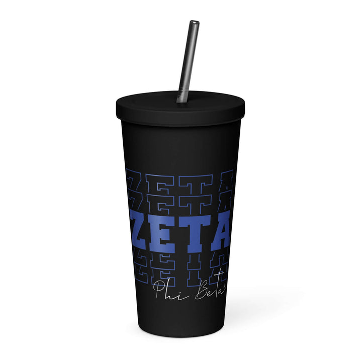 Zeta Phi Beta insulated tumbler with straw in black and blue, perfect for sorority drinkware and Greek gear.