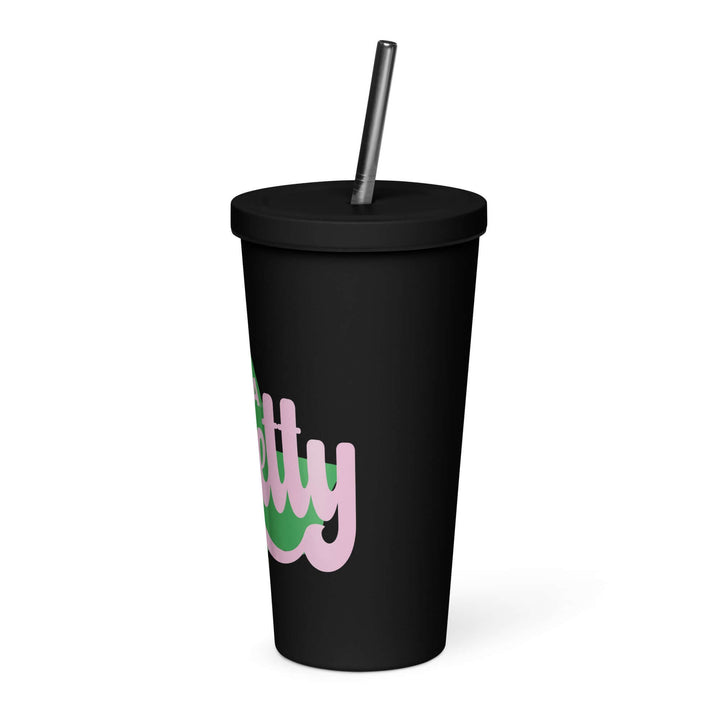 Stylish insulated tumbler with straw, featuring "Pretty" design, perfect for sorority and fraternity paraphernalia.