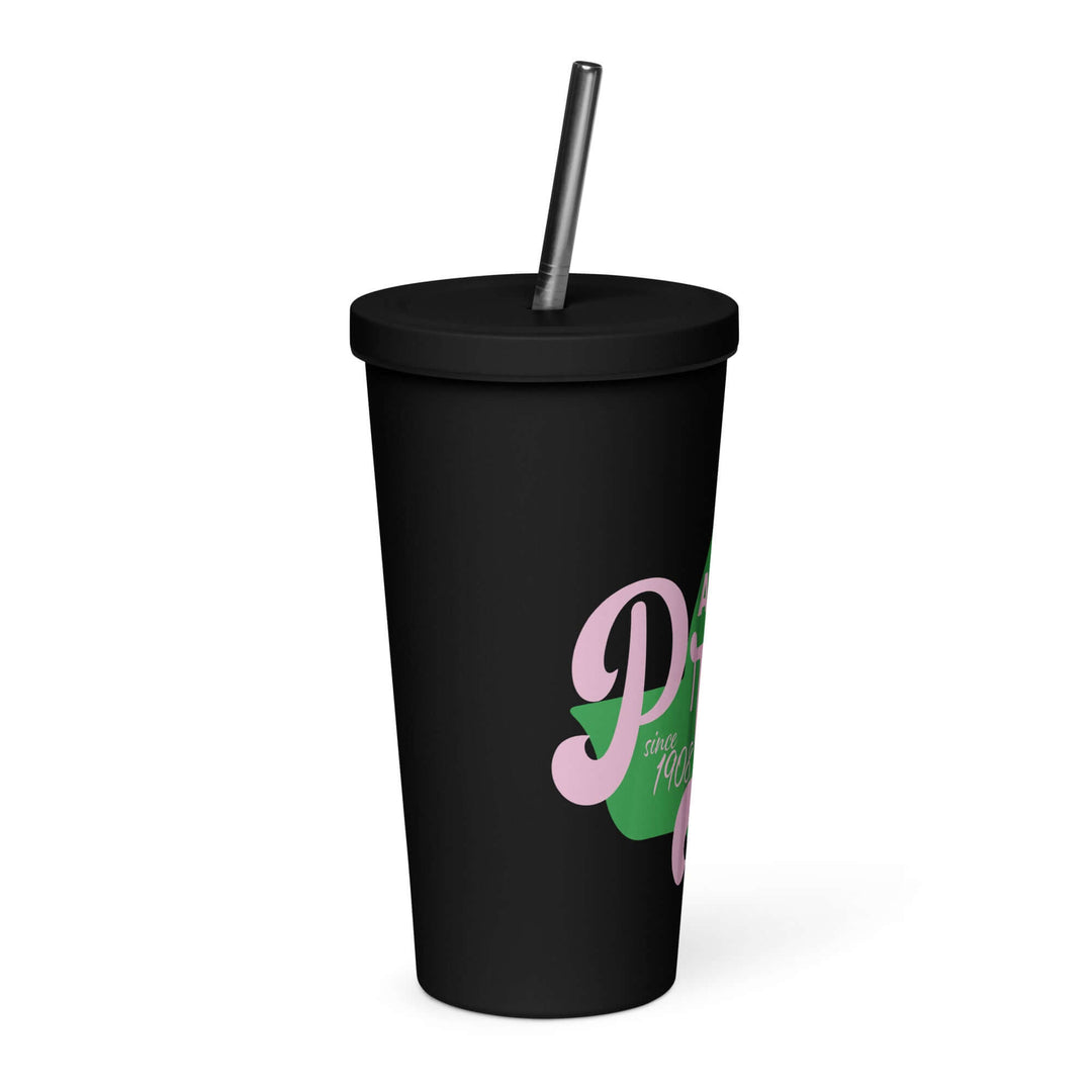 AKA Pretty insulated tumbler in black with colorful design, includes straw, perfect for sorority and fraternity gear.