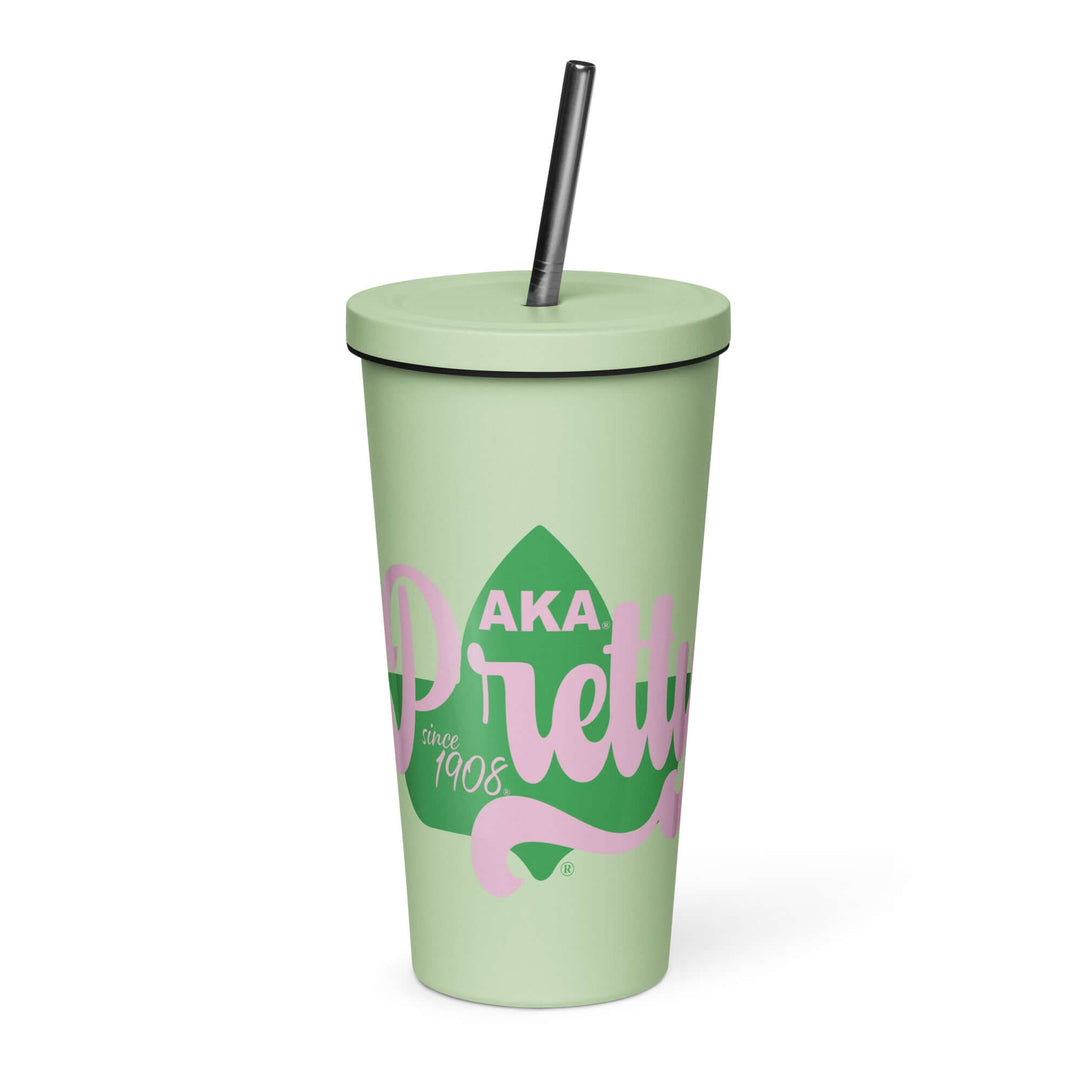 AKA Pretty insulated tumbler in pastel green, stylish drinkware for sorority and fraternity events, includes straw and lid.