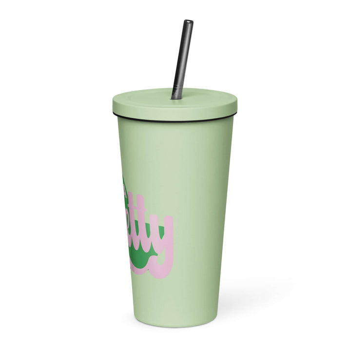 AKA Pretty insulated tumbler in green with straw, perfect for sorority and fraternity Greek gear. Stylish and functional drinkware.