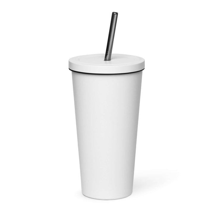 Insulated tumbler in white with black straw, perfect for sorority and fraternity drinkware gear.