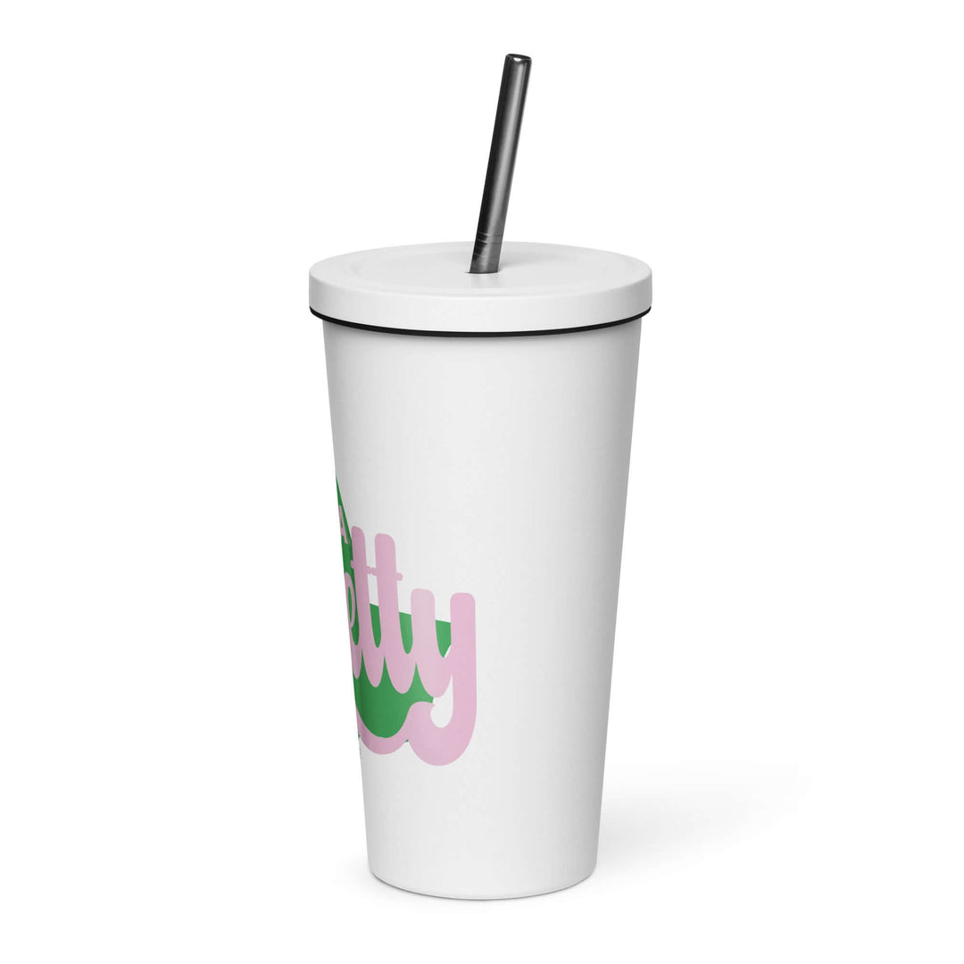 AKA Pretty insulated tumbler in white with colorful text, perfect for sorority and fraternity paraphernalia.