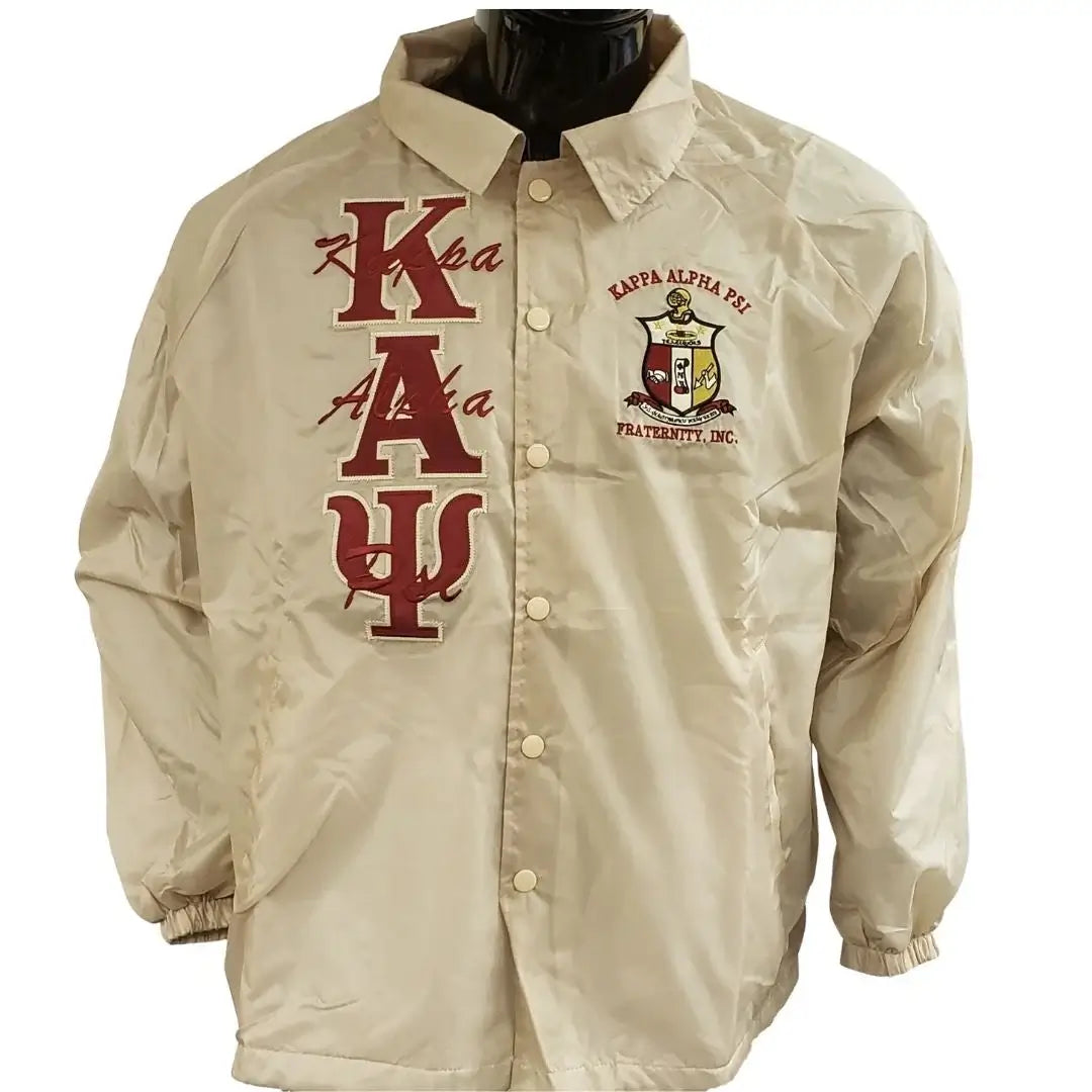 Kappa Alpha Psi cream jacket featuring Greek letters and fraternity crest, perfect Greek gear for sorority and fraternity events.
