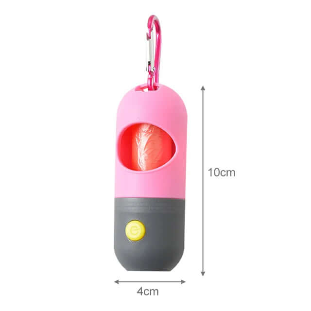Sorority inspired LED light pet waste bag dispenser in pink and gray, perfect for pet owners' convenience during walks.