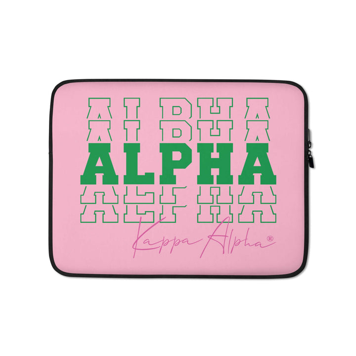 Stylish Kappa Alpha laptop sleeve in pink with bold green "ALPHA" lettering, perfect sorority paraphernalia and Greek gear.