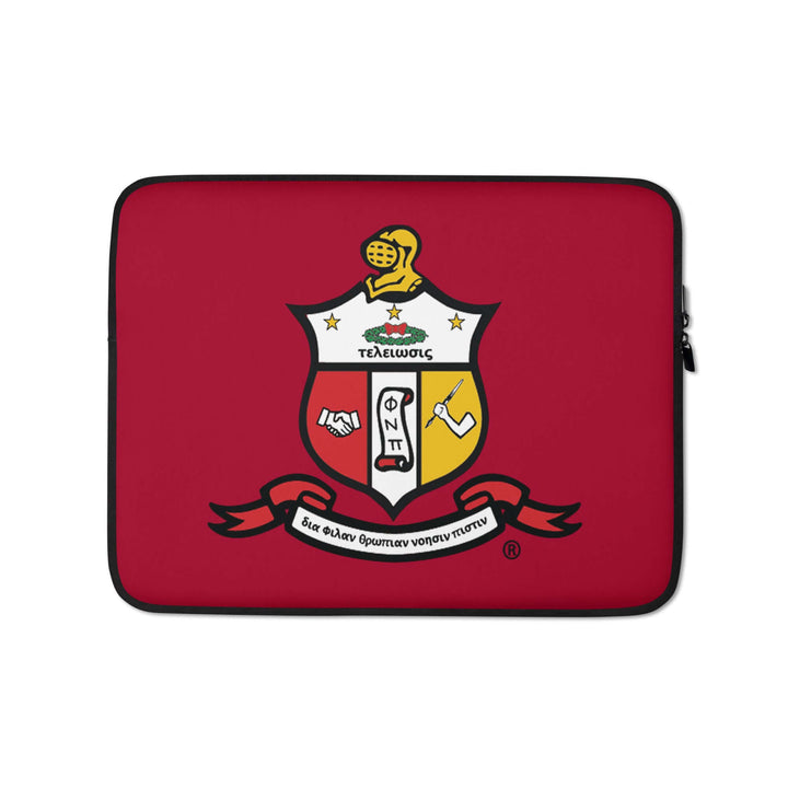Kappa Alpha Psi Coat of Arms Laptop Sleeve in red, featuring fraternity emblem and durable neoprene design for stylish protection.