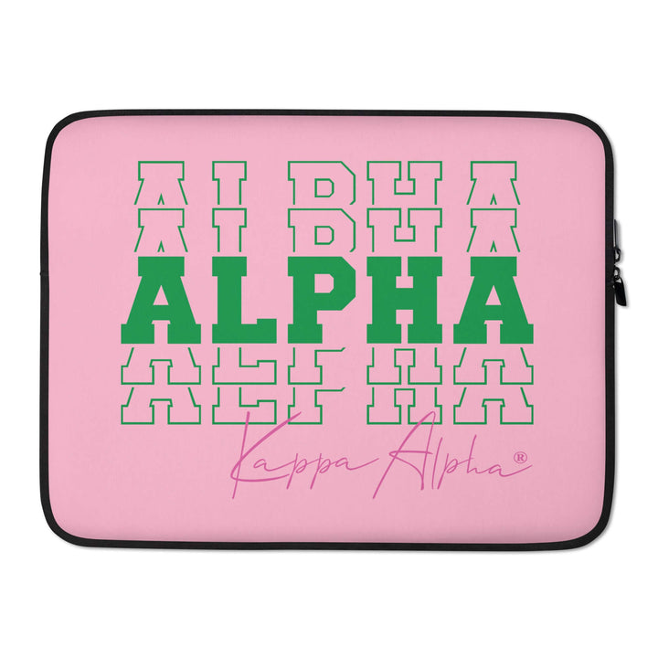Kappa Alpha sorority laptop sleeve with bold lettering in green on a pink background, perfect Greek gear for style and protection.