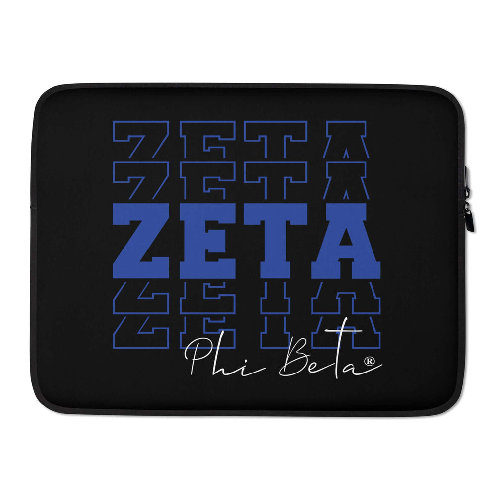 Zeta Phi Beta sorority laptop sleeve with bold blue lettering on a black background, perfect for Greek gear enthusiasts.