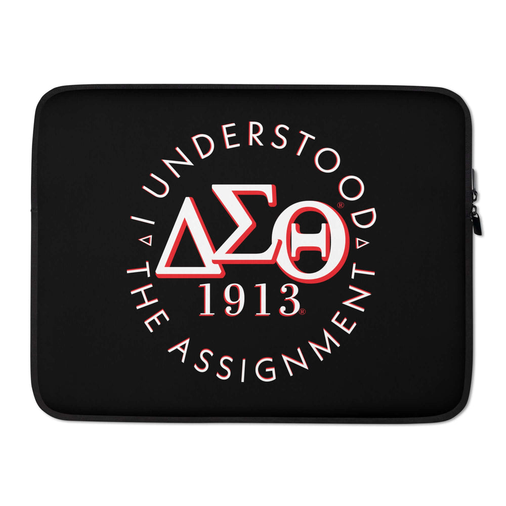 Delta Sigma Theta sorority laptop sleeve with "I Understood The Assignment" design and secure zipper closure.
