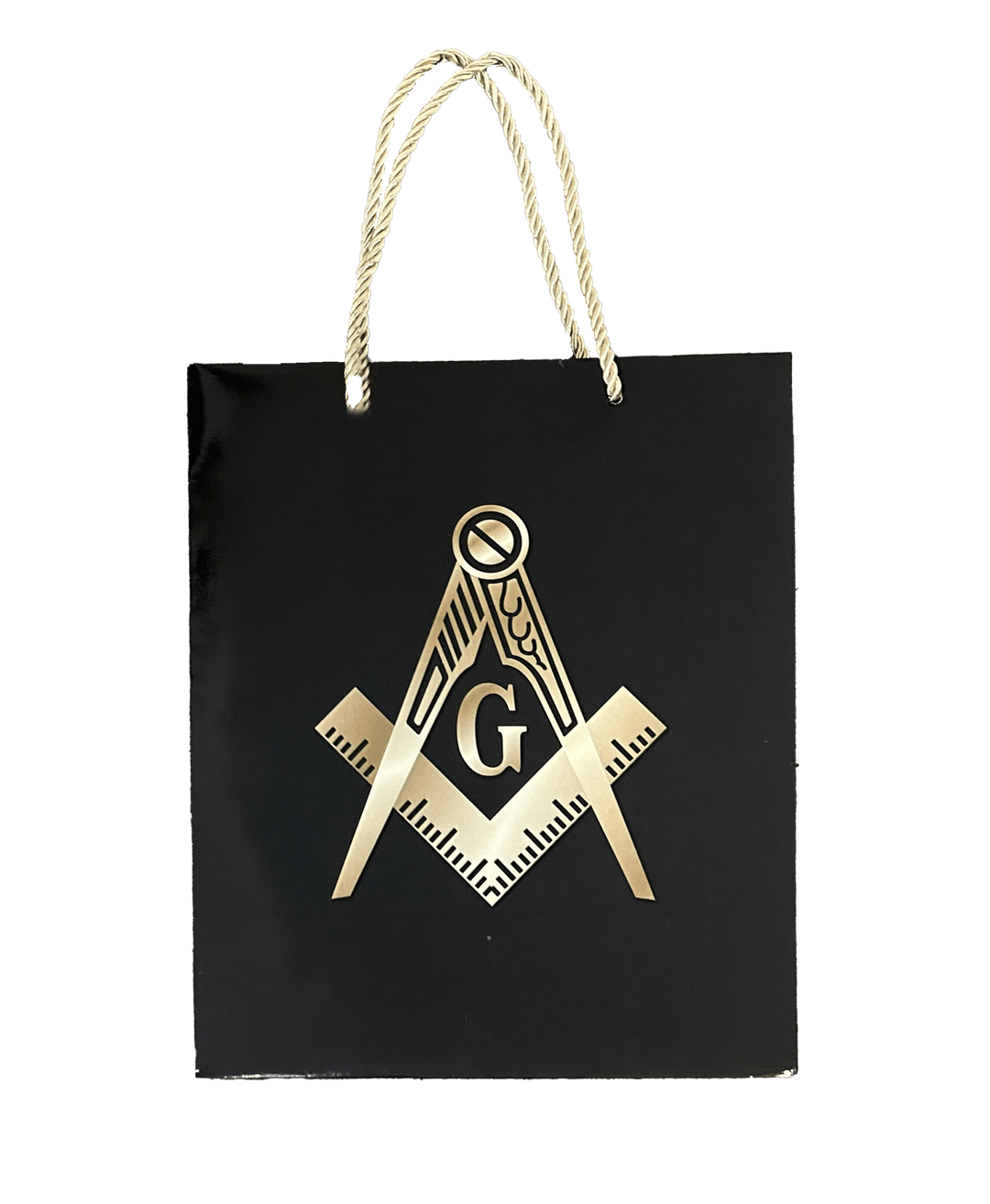 Black Mason gift bag featuring iconic Masonic symbols, perfect for sorority and fraternity paraphernalia and Greek gear.