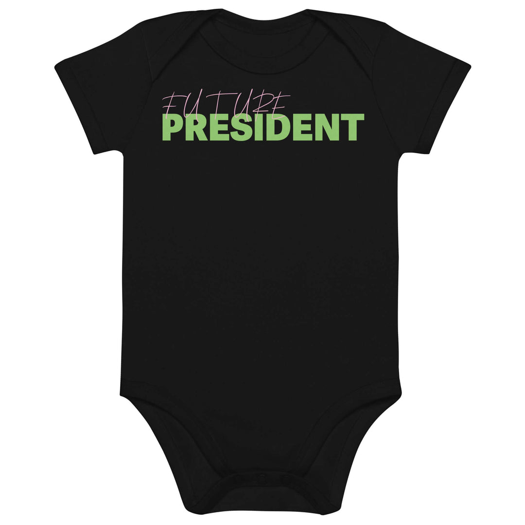 Pink and green "Future President" baby onesie, perfect sorority gear for little ones, soft and stylish for future leaders.