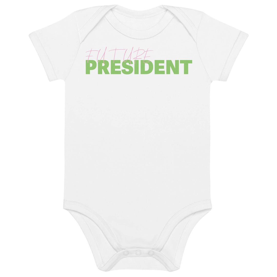 Pink and green "Future President" baby onesie, perfect for sorority and fraternity paraphernalia and Greek gear.