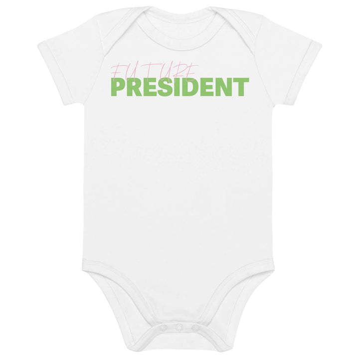 Pink and green "Future President" baby onesie, perfect for sorority and fraternity paraphernalia and Greek gear.