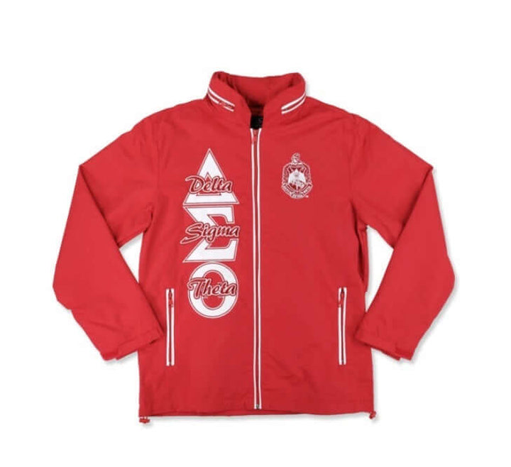 Delta Windbreaker Jacket in red with embroidered sorority symbols, perfect for fraternity gear and outdoor events.