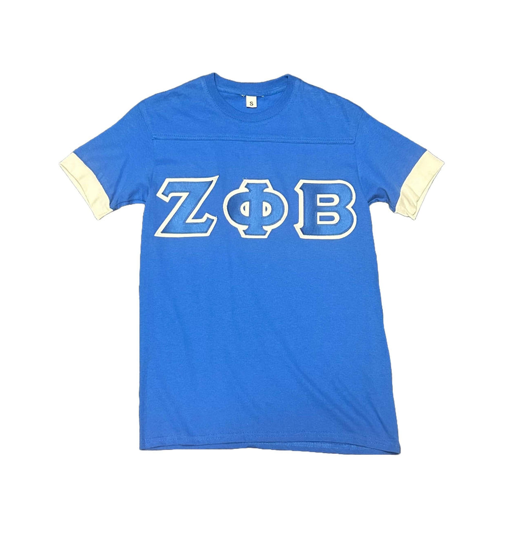 Zeta T-Shirt in blue with letters, ideal Greek gear for sorority and fraternity paraphernalia. V-neck style for casual wear.
