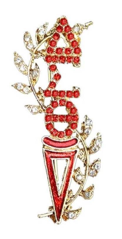 Delta Pins adorned with Austrian crystals, symbolizing sorority pride and academic excellence in Greek gear.