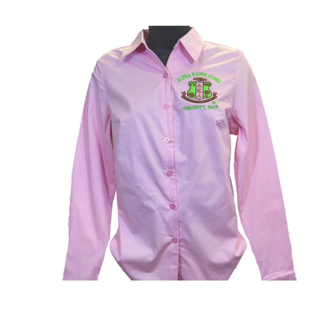 AKA Pink Button Down Shirt featuring embroidered sorority logo, perfect for Greek gear and chapter events.