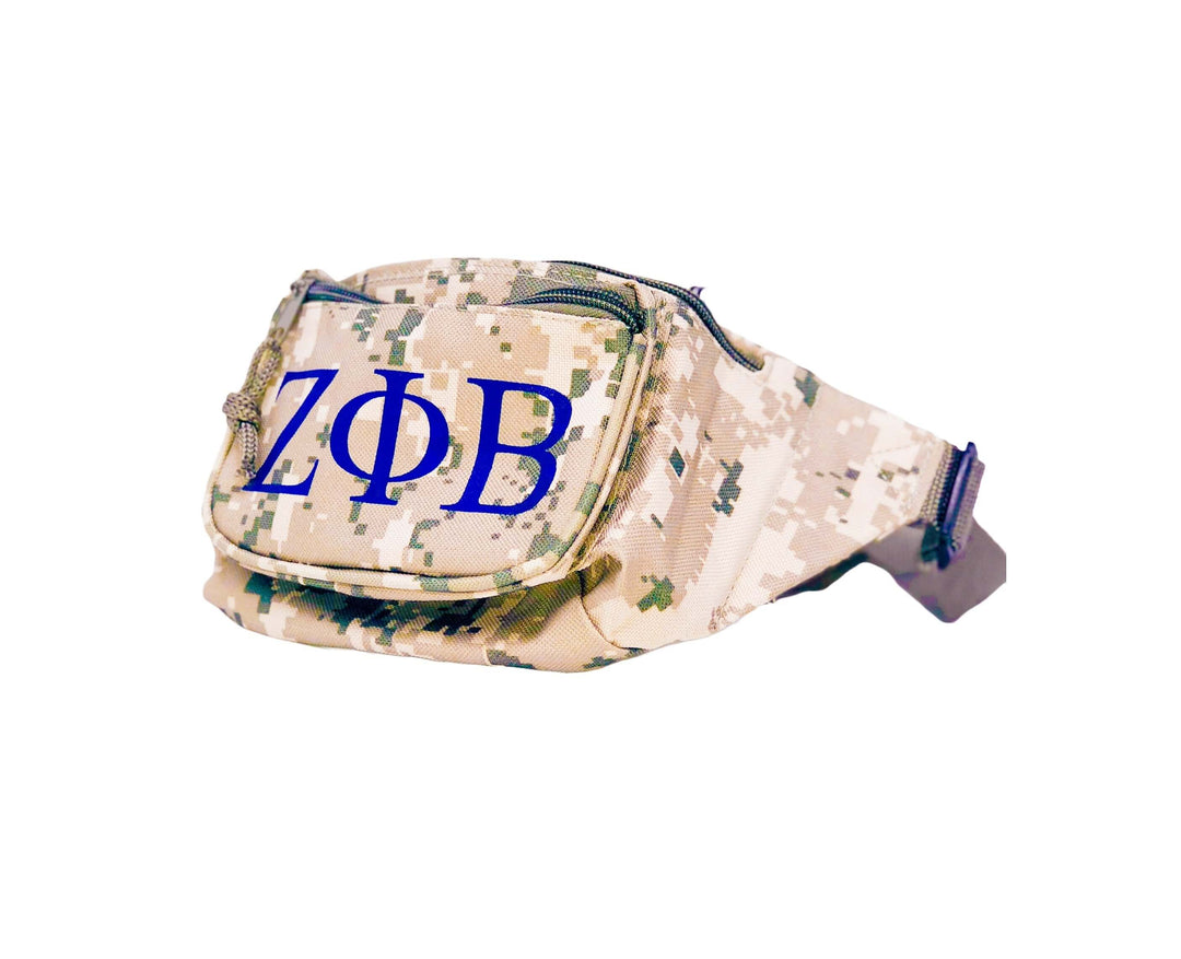 Zeta Bag camo fanny pack featuring Greek letters ZΦB, perfect for sorority and fraternity paraphernalia and Greek gear.