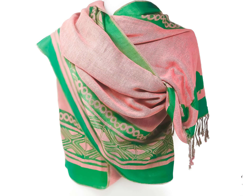 Luxurious AKA Pashmina Scarf Wrap in pink and green, perfect sorority paraphernalia and Greek gear accessory.