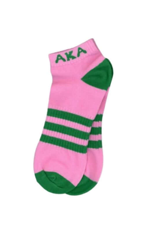 AKA striped ankle socks in pink and green, perfect Greek gear for sorority and fraternity paraphernalia, fits sizes 5-10.