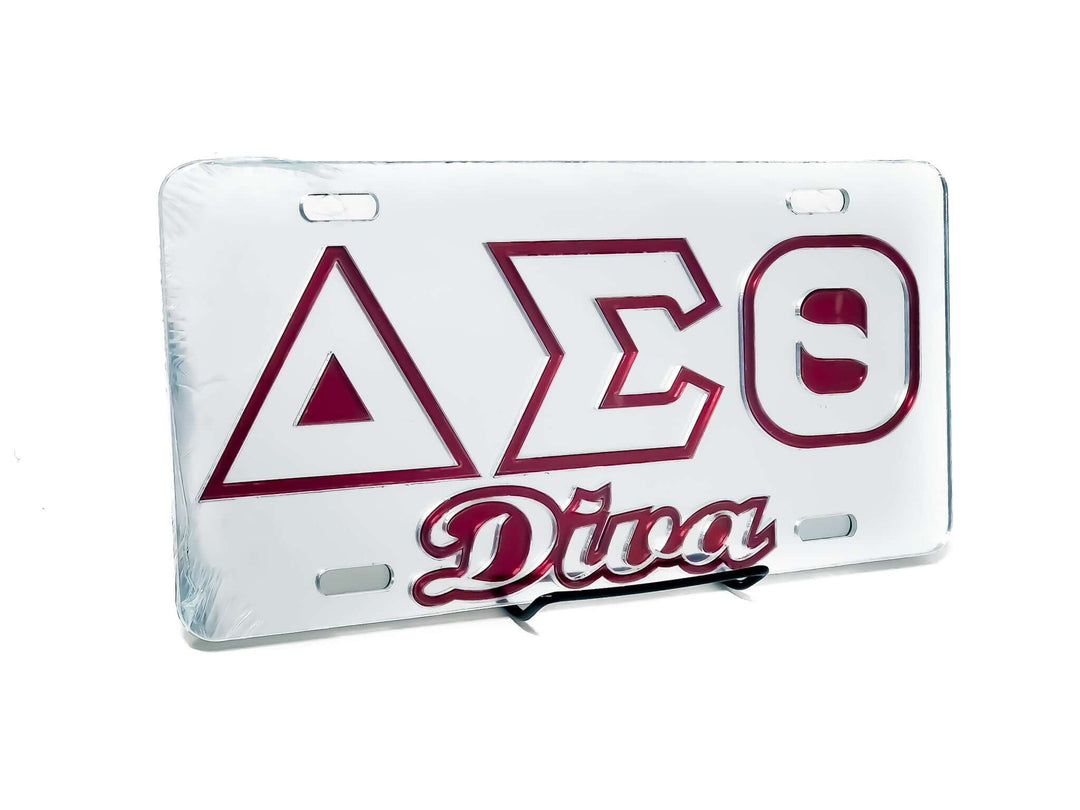 Delta Sigma Sorority Car Tag featuring iconic symbols and "Diva" text, perfect for showcasing Greek pride on the road.