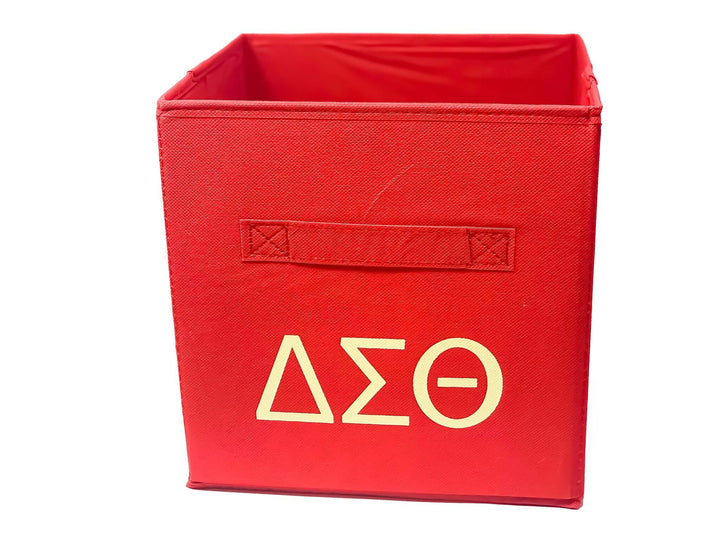 Red storage cube featuring Greek letters for sorority paraphernalia, perfect for home or office organization.