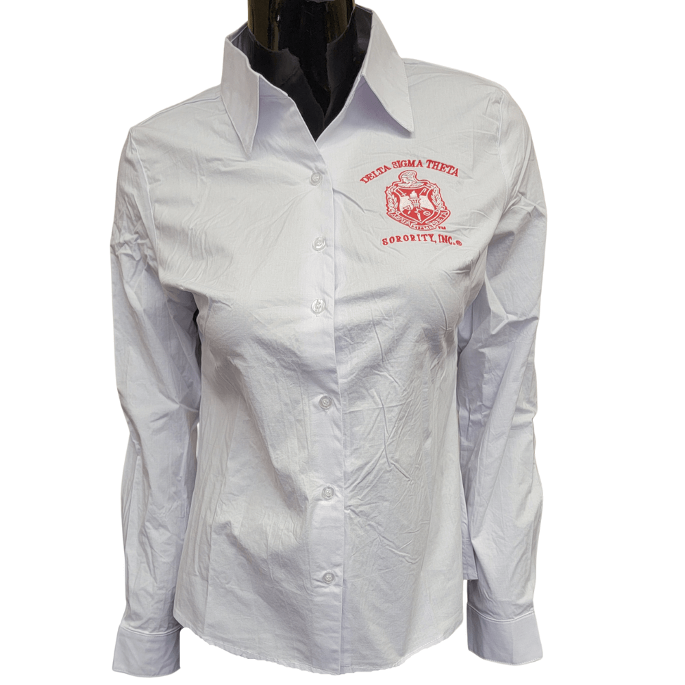 Button collar white shirt featuring sorority branding, perfect Greek gear for fraternity and sorority events.