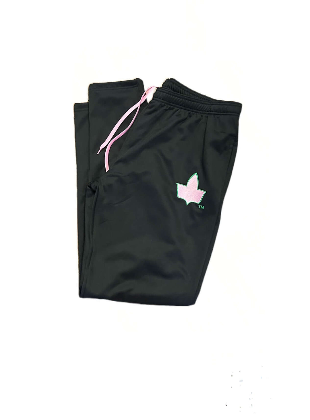 AKA jogging pants in black with pink drawstrings, perfect Greek gear for sorority members on the move.