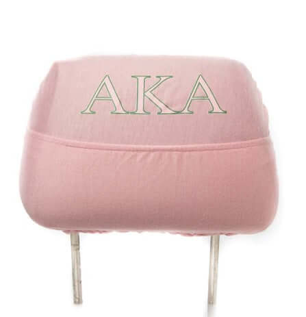 AKA car seat headrest cover in pink, perfect Greek gear for sorority and fraternity paraphernalia with stylish storage pouch.