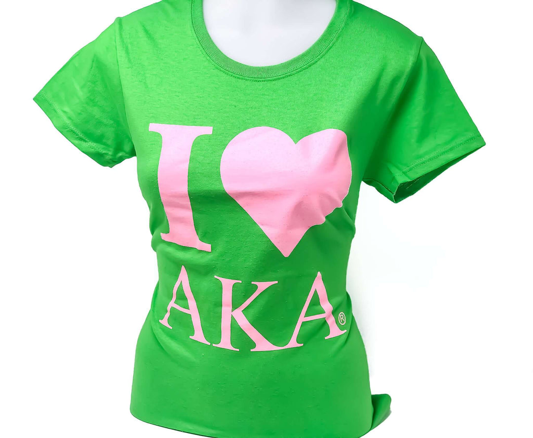 Ladies green I Heart AKA t-shirt, perfect sorority and fraternity paraphernalia for Greek gear enthusiasts.