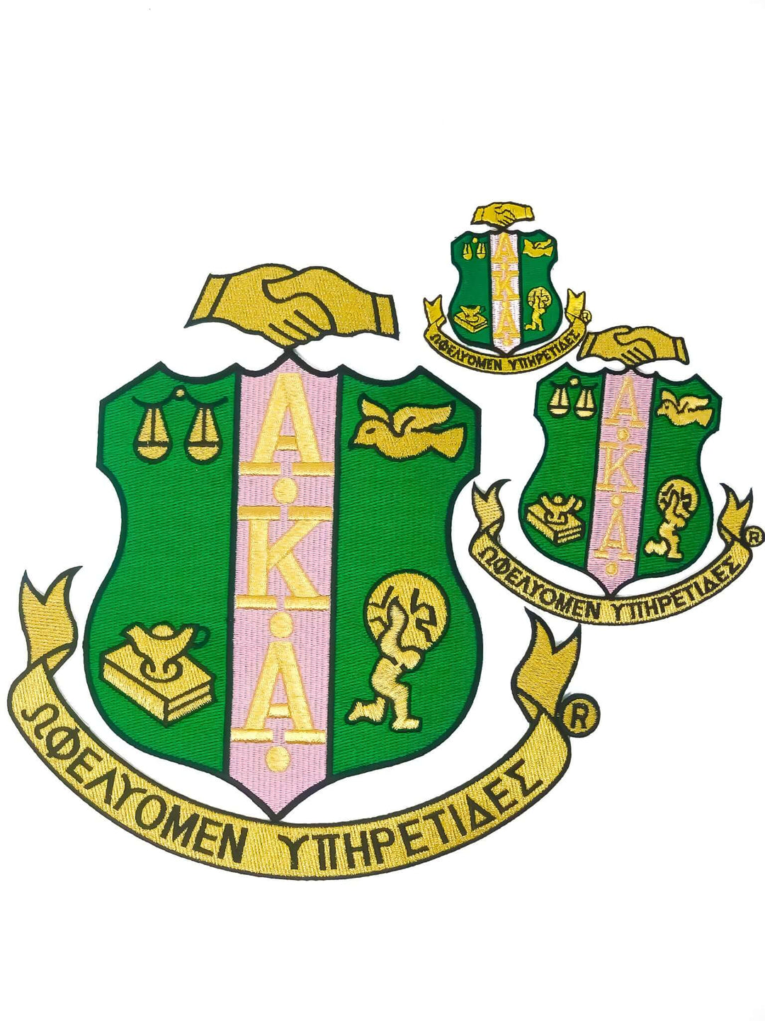 AKA Shield patches in green and gold, symbolizing sisterhood and tradition, perfect for sorority paraphernalia and Greek gear.