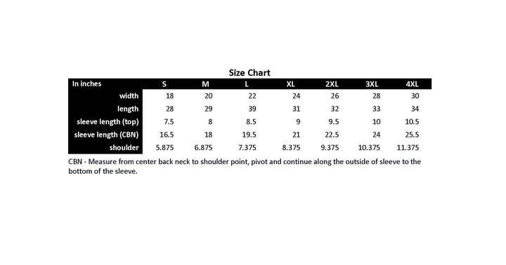 Size chart for t-shirts showing dimensions for S, M, L, XL, 2XL, 3XL, and 4XL in inches with detailed measurement notes.