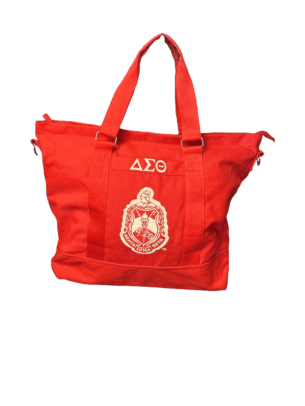 Delta Sigma Theta red canvas tote bag with logo, perfect for sorority paraphernalia and everyday use.