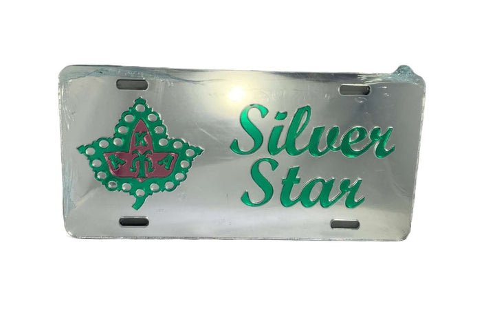 Silver Star car tag featuring a green emblem, perfect for AKA sorority members and Greek gear enthusiasts.
