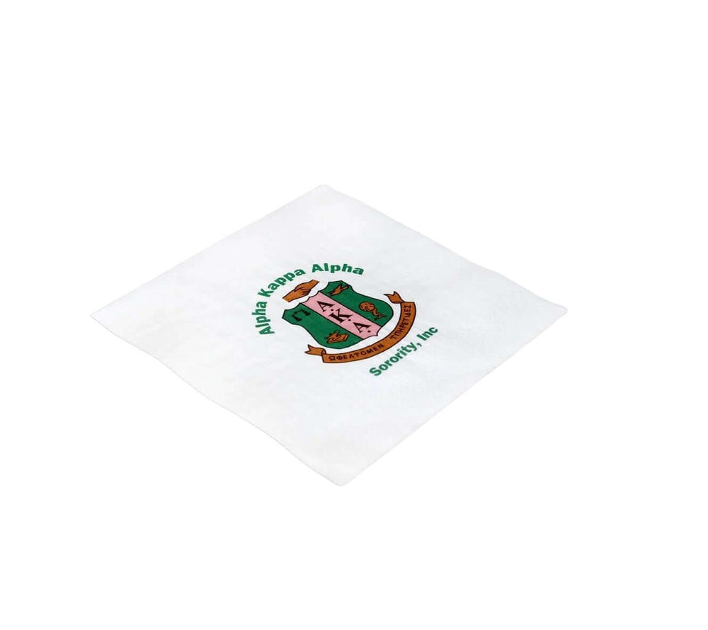 White paper napkin featuring Alpha Kappa Alpha Sorority logo, ideal for Greek gear and fraternity paraphernalia.