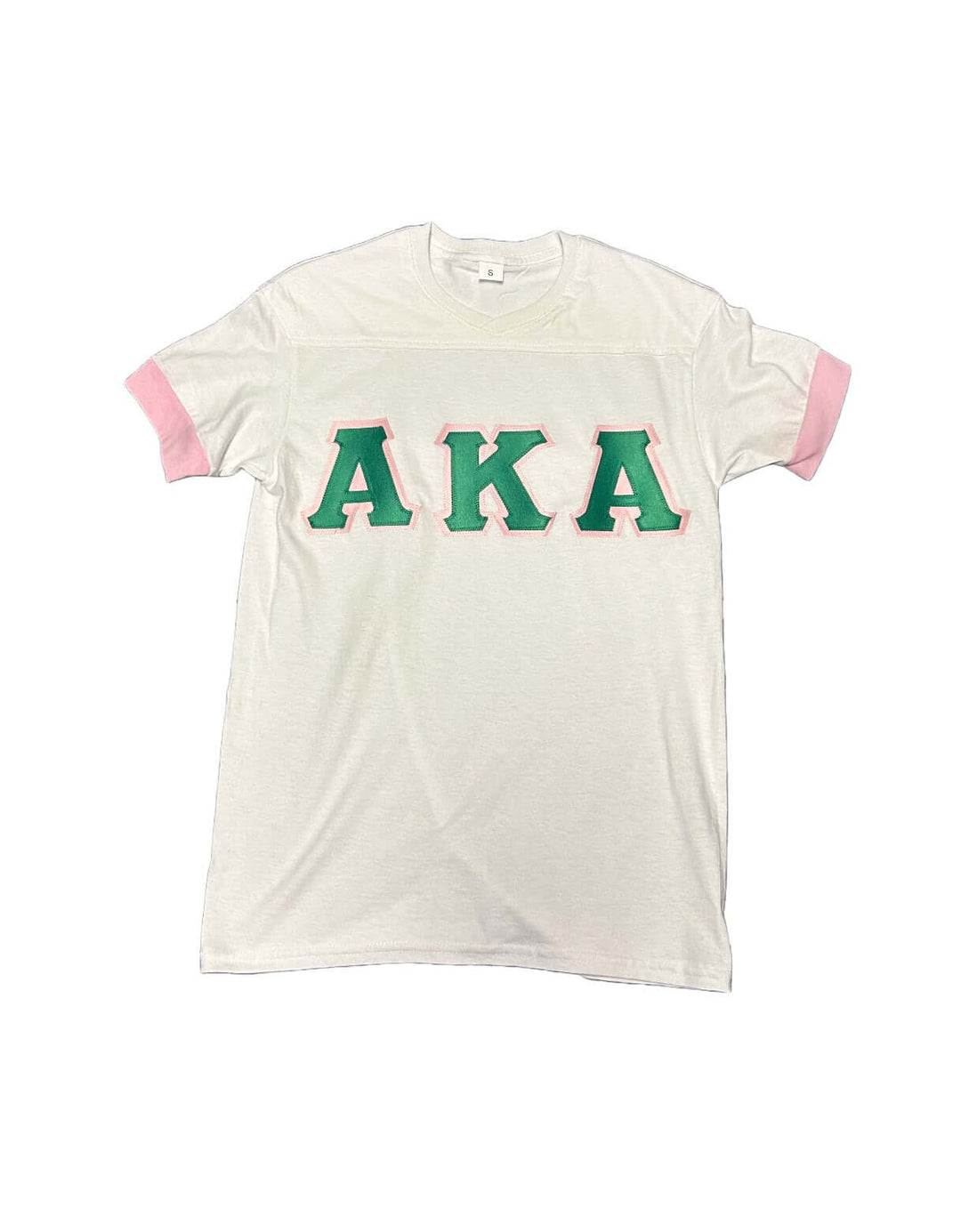 Classic AKA embroidered T-shirt in pink and green, perfect sorority paraphernalia for Greek gear enthusiasts.