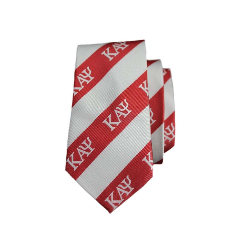 Kappa Alpha Psi necktie in red and white, perfect fraternity paraphernalia for Greek gear enthusiasts.