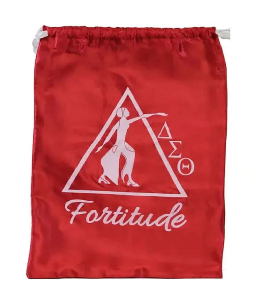 Red satin drawstring bag with "Fortitude" design, perfect for sorority and fraternity paraphernalia and Greek gear.