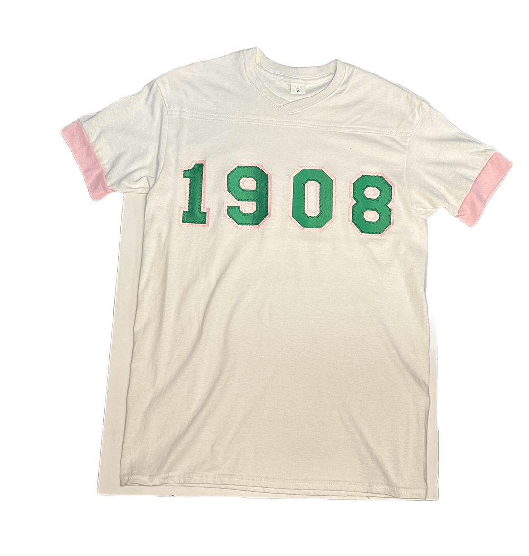 Classic 1908 embroidered white t-shirt with pink trim, perfect for sorority and fraternity Greek gear.