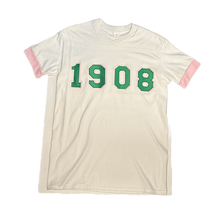 Classic 1908 embroidered white t-shirt with pink trim, perfect for sorority and fraternity Greek gear.