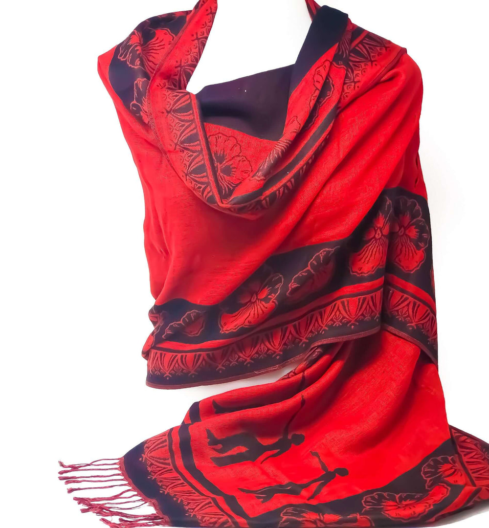 Elegant red pashmina scarf wrap featuring floral designs, perfect for sorority and fraternity events or Greek gear.