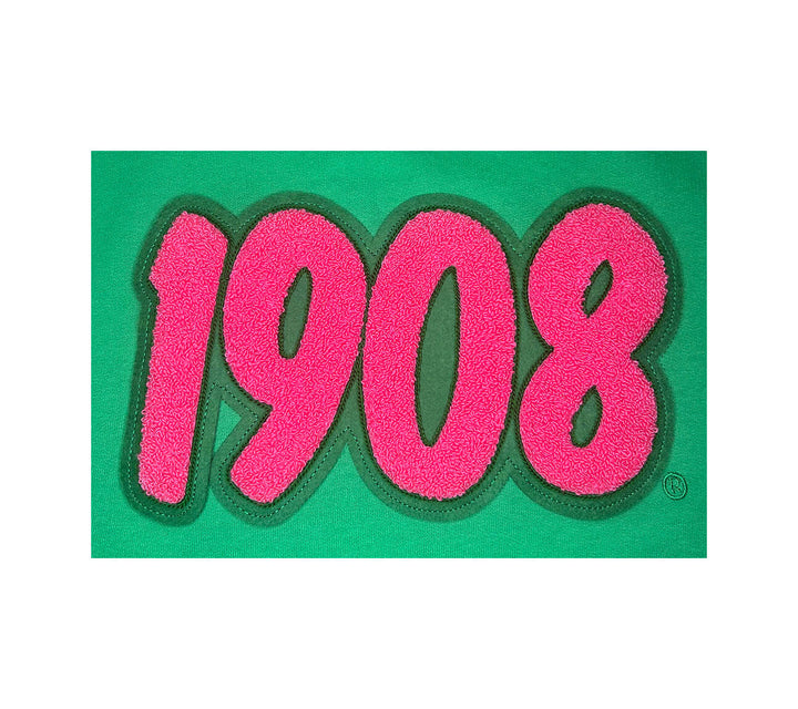 Embroidered pink chenille patch reading "1908" on green fabric, perfect for sorority and fraternity greek gear.