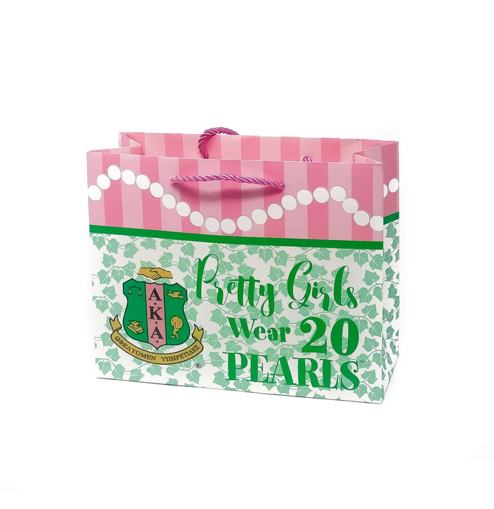 AKA gift bag featuring "Pretty Girls Wear 20 Pearls" design, ideal for sorority and fraternity gifts, available in various sizes.